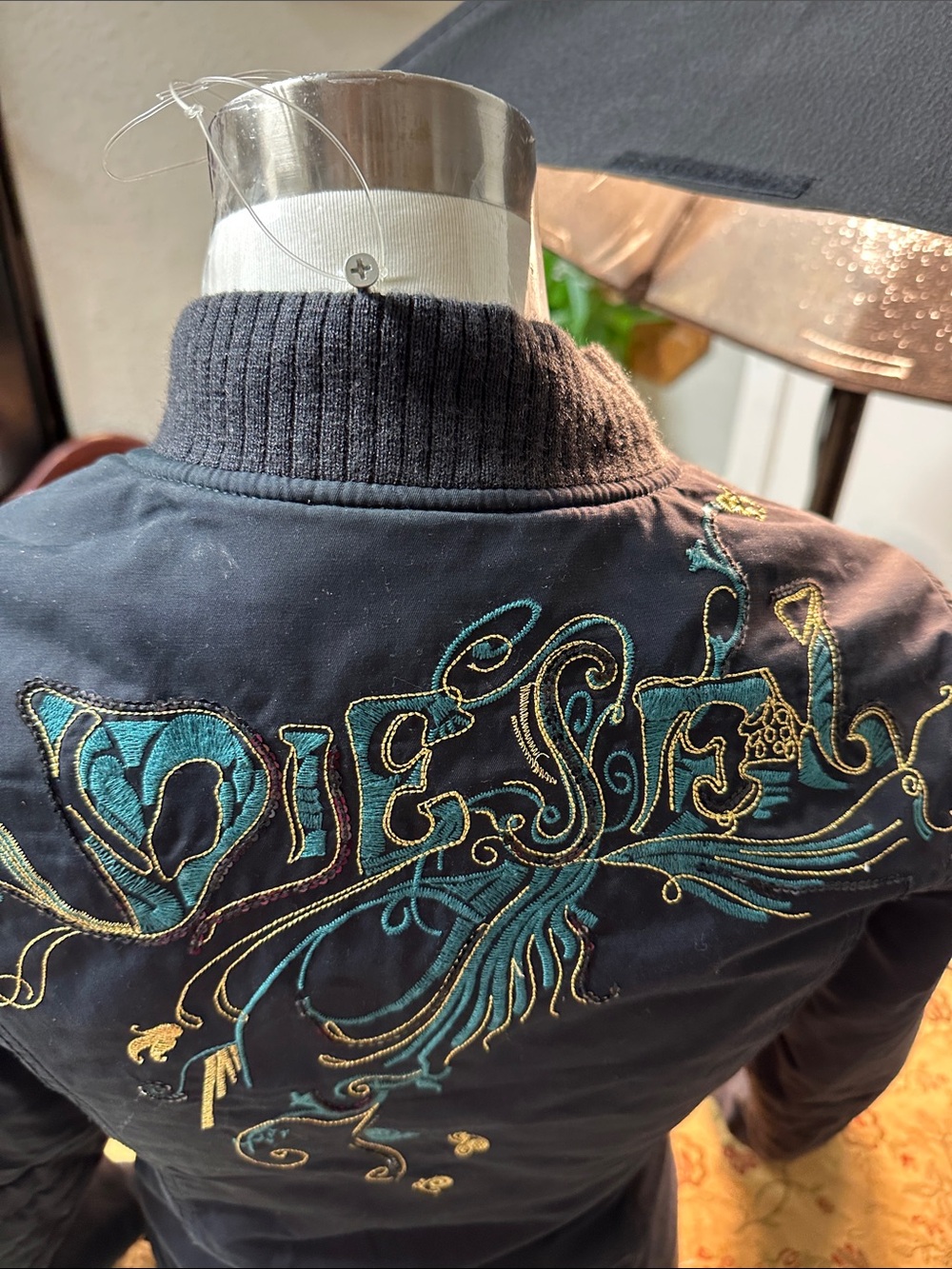 Diesel Black Bomber Jacket with Teal & Gold Embroidery - Picture 6 of 14